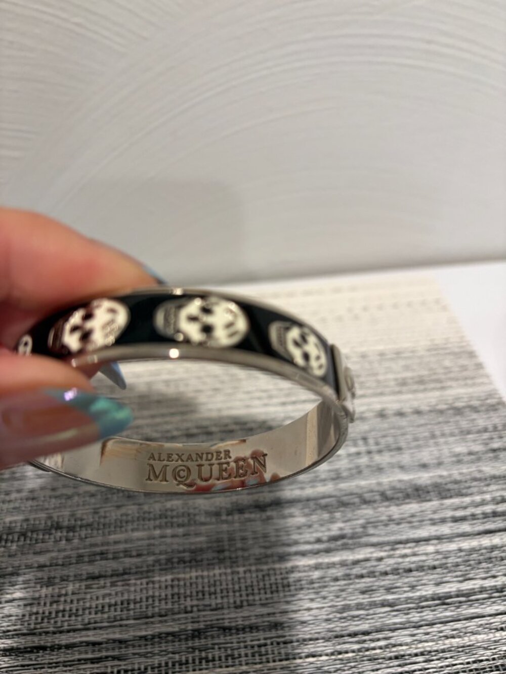 Alexander McQueen black and Silver w/ White SKULLS Signature Bangle